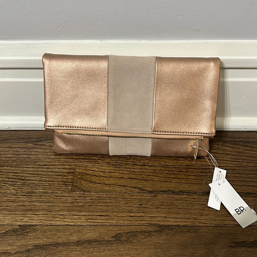 NWT Rose Gold 2 Toned Stripe Fold Over Clutch With Zipper and Magnetic Closure